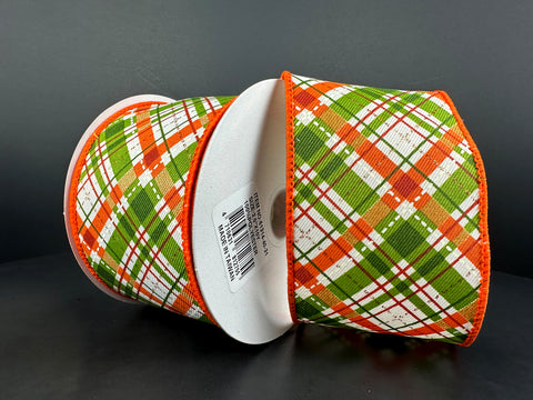 Orange, Green & Rust Glitter Diagonal Plaid - 2.5" x 10yds