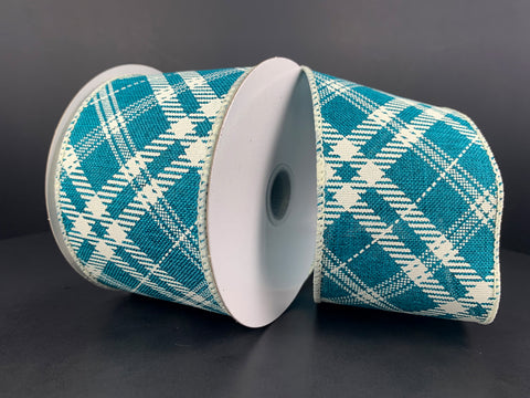 Teal Diagonal Plaid Wired Ribbon - 2.5" x 10yds