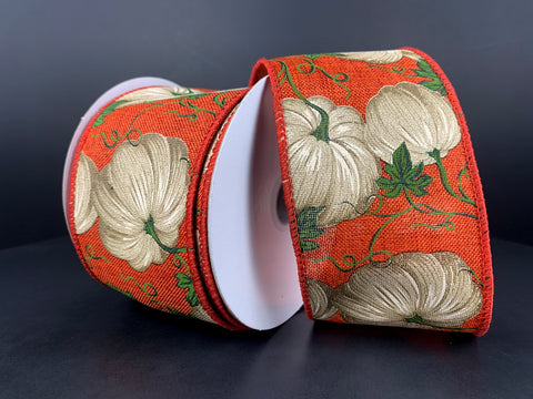 Orange Linen W/ Neutral Pumpkins Wired Ribbon - 2.5" x 10yds