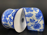 White Linen w/ Blue Fall Floral/Pumpkins Wired Ribbon - 2.5"x10Y