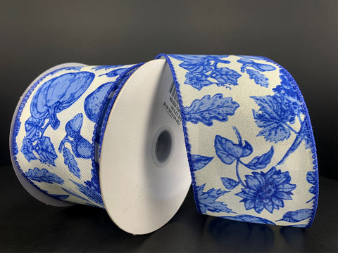 Blue Fall Floral & Pumpkins Wired Ribbon - 2.5" x 10yds