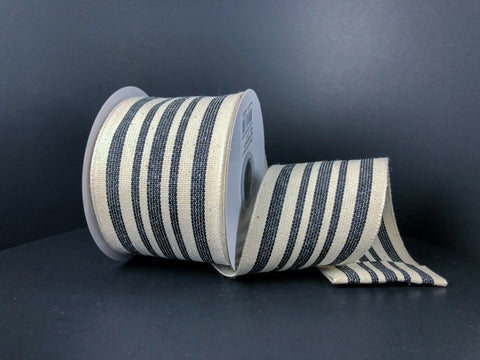 Ivory/Black Woven French Stripes Wired Ribbon - 2.5"x10Yds