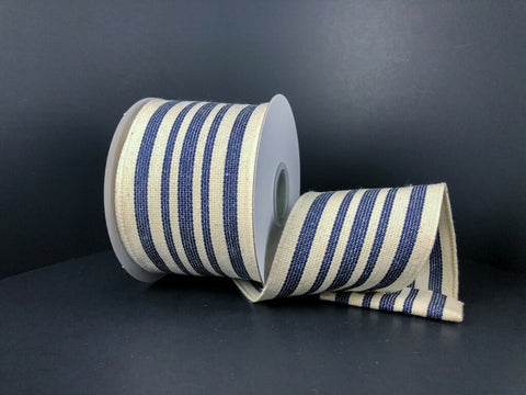 Ivory & Navy Woven French Stripe Wired Ribbon - 2.5" x 10yds