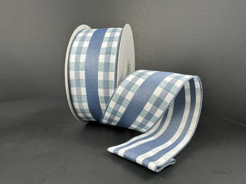 Dusty Blue Gingham/Striped Back Wired Ribbon - 1.5"x10Yds
