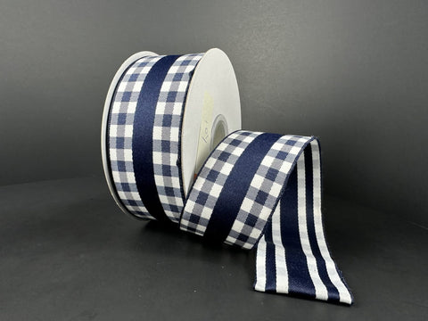 Navy Woven Satin w/ Gingham Stripe Wired Ribbon - 1.5"x10Yds