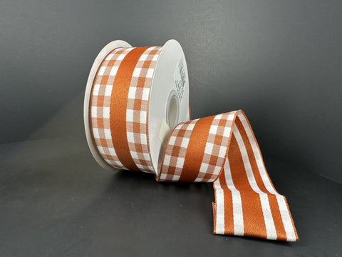 Rust Woven Satin w/ Gingham Stripe Wired Ribbon - 1.5" x 10yds