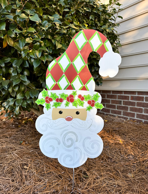 Santa - Holly Jolly Harlequin (RED) -  Corrugated Coroplast Yard Stake