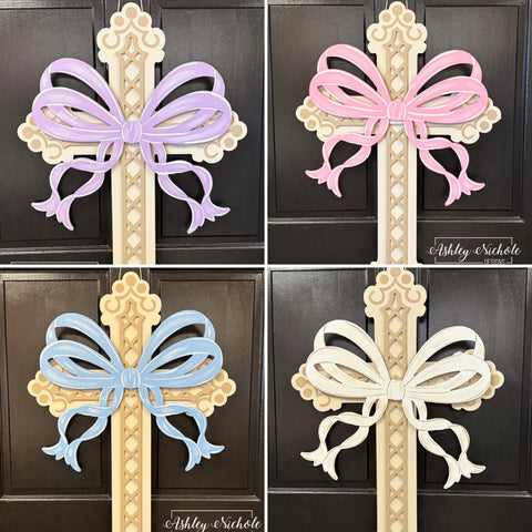Fancy Cross with Wooden Bow Door Hanger - Choose from 4 colors (Hand-Painted)