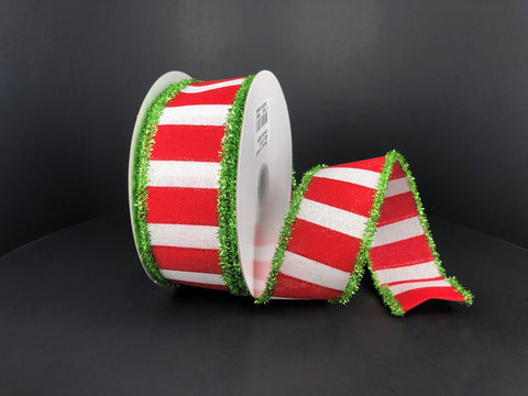 Red/White Stripe w/ Green Tinsel Edge Wired Ribbon - 1.5"x10Yds