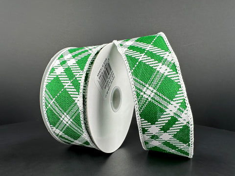 Green Burlap Diagonal Plaid Wired Ribbon - 1.5" x 10yds