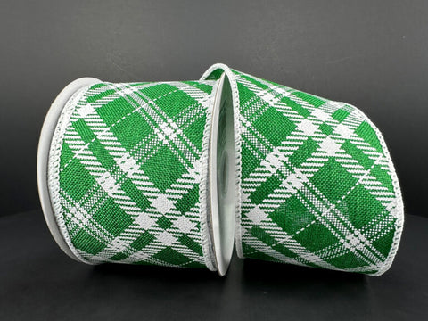 Green Burlap Diagonal Plaid Wired Ribbon - 2.5"x10Yds