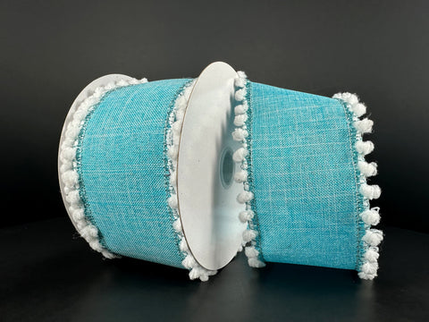 Aqua Linen w/ White Embroidered Snow Edge  - 2.5" x 10yds