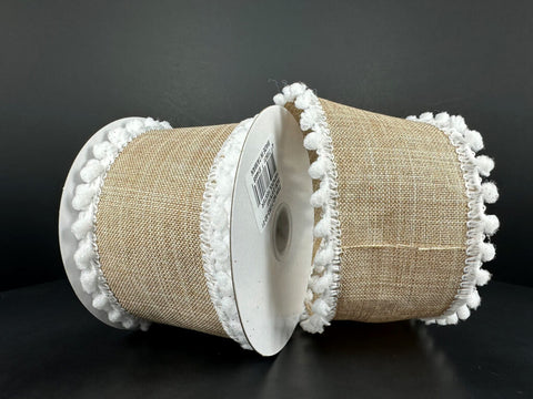 Natural Linen/White Puff Embroidered Edge Wired Ribbon - 2.5" x 10yds
