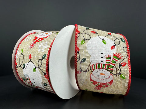 Snowman & Lights Burlap Wired Ribbon - 2.5"x 10yds