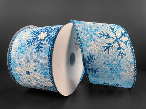 Light Blue Linen w/ Blue/White/Blue Glitter Snowflakes Dots - 2.5"x10Y no