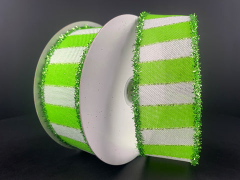 Lime & White Stripes w/ Lime Tinsel Edge Wired Ribbon 1.5" x 10yds