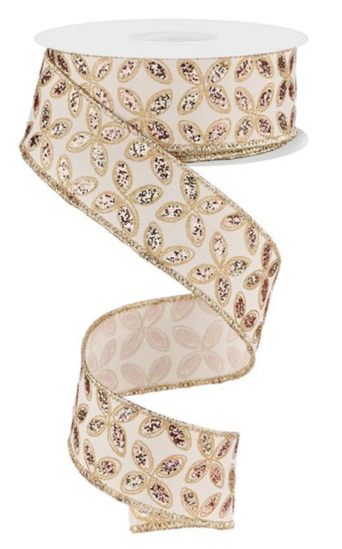 Ivory w/ Champagne Quatrefoil Petals Wired Ribbon - 1.5" x 100ft