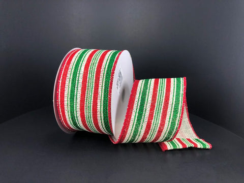 Retro Green & Red Burlap Stripe Wired Ribbon - 2.5"x 10yds