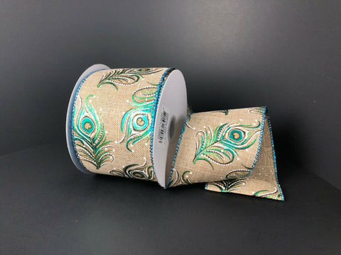 Natural Linen w/ Peacock Feathers - 2.5" x 10yds
