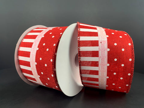 Red w/ White Dots & Stripes Wired Ribbon - 2.5"x10Yds