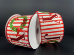 White w/ red striped linen w/ joy christmas wreath - 2.5"x10Y