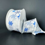 White Satin w/ Navy & White Snowflake w/ White Fuzz Edge Wired Ribbon - 2.5" x 10yds