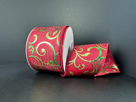 Red Linen w/ Green Embossed Wired Ribbon - 2.5" x 10yds