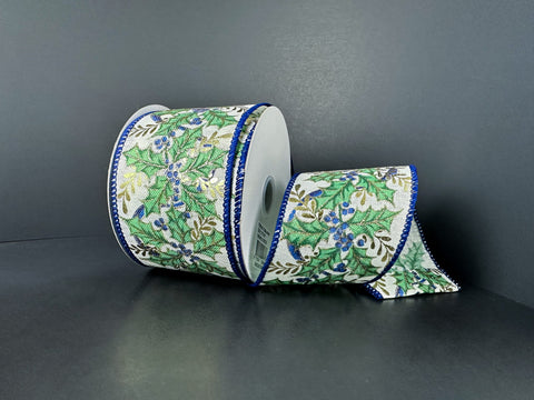 Ivory Linen w/ Embossed Blue Holly Garland Leaves Wired Ribbon - 2.5" x 10yds