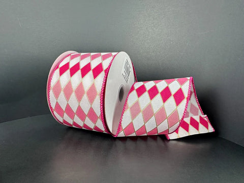 White, Light Pink & Fuchsia Harlequin Wired Ribbon - 2.5" x 10yds