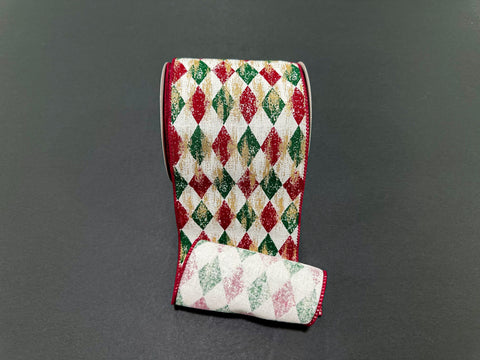 Cream, Red & Emerald Harlequin w/ Gold Overlay Wired Ribbon - 4" x 10yds