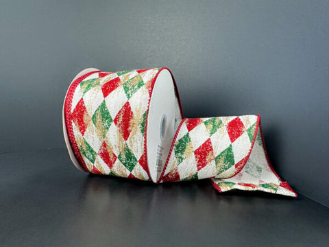 Cream, Red & Emerald Harlequin w/ Gold Overlay Wired Ribbon - 2.5" x 10yds