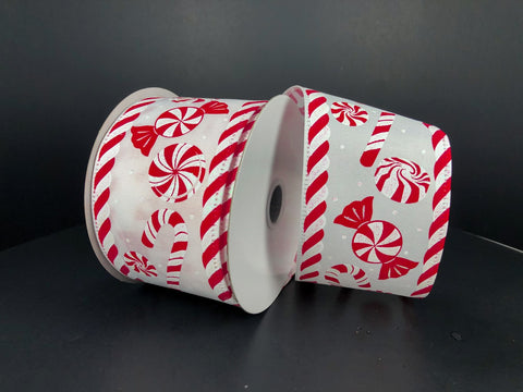 White Satin Peppermints Wired Ribbon - 2.5"x 10yds