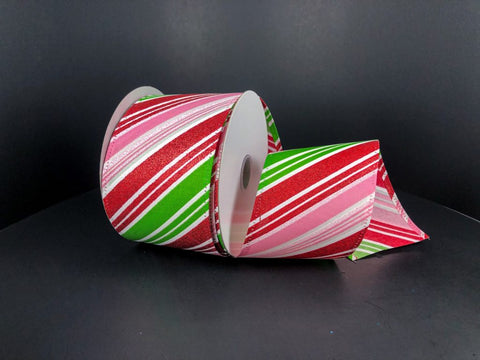 Pink/Lime/Red Glitter Candy Cane Stripes Wired Ribbon - 2.5" x 10yds