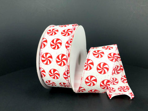 White Glitter Satin w/ Peppermints Wired Ribbon - 1.5" x 10yds