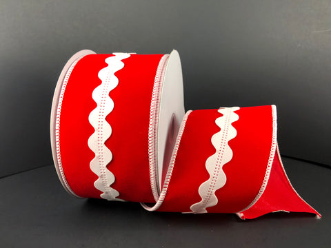 Red w/ White Velvet RicRac Wired Ribbon - 2.5"x 10yds