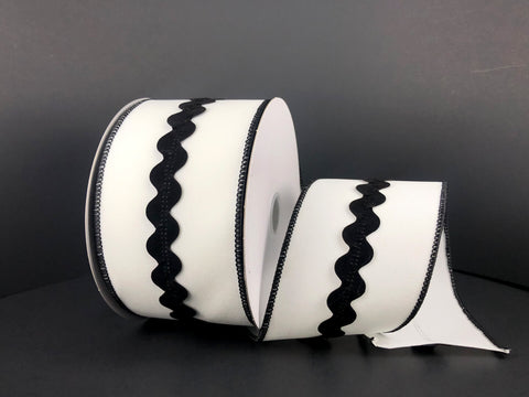 White w/ Black Velvet RicRac Wired Ribbon - 2.5"x 10yds