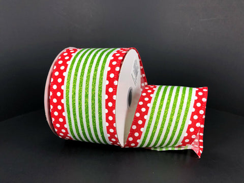 Lime Glitter Stripe & Red/White Dot Edged Wired Ribbon - 2.5" x 10yds