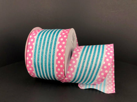 Aqua Glitter Stripe w/ Pink & White Dot Edge Wired Ribbon - 2.5" x 10yds