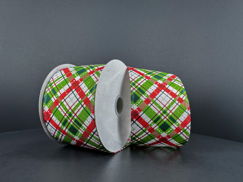 Moss, Red & Lime Diagonal Printed Plaid Wired Ribbon - 2.5" x 10yds