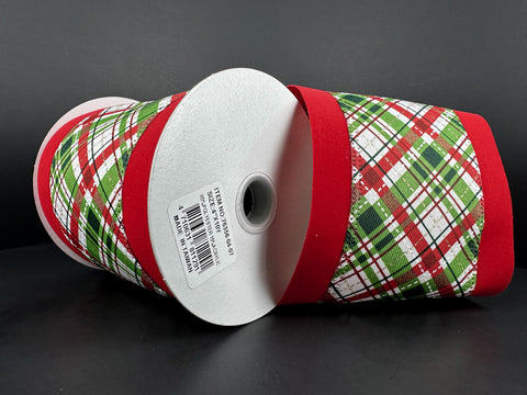 Green & Red Diagonal Stripe Red Velvet Edge Wired Ribbon - 4" x 10yds