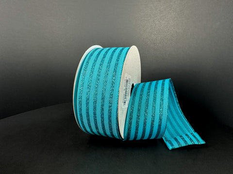 Turquoise Satin w/ Glitter Cabana Stripes Wired Ribbon - 1.5" x 10yds