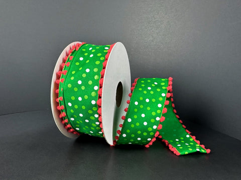 Emerald Satin w/ Green & White Polka Dots & Red Puff Ball Edge Wired Ribbon - 1.5" x 10yds