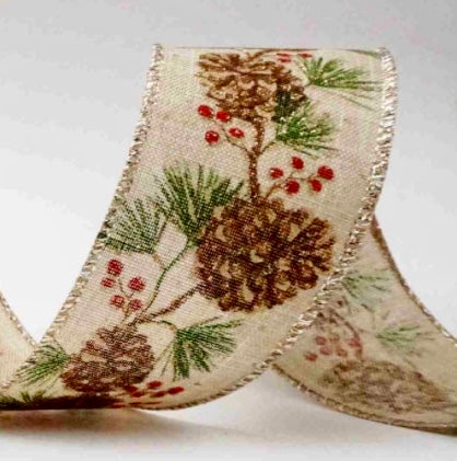 Burlap w/ Pinecone & Berries Wired Ribbon - 2.5" x 10yds