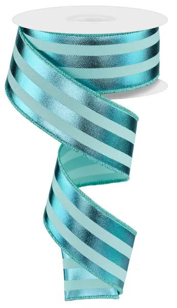 Turquoise Metallic Vertical Stripe Wired Ribbon - 1.5" x 10yds