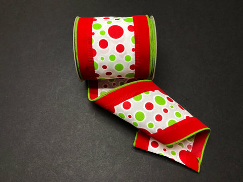 Red & Lime Dots with Red Velvet Edge Wired Ribbon - 4"x10Yds