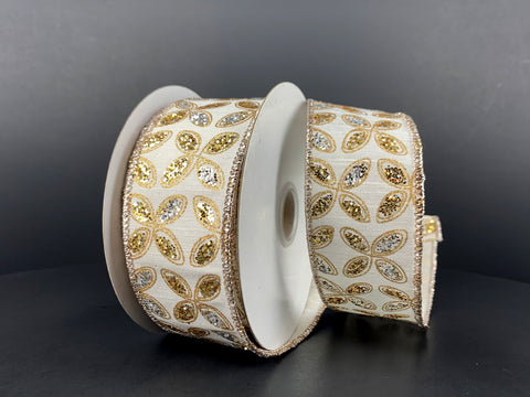 Ivory Satin w/ Silver & Gold Petals Wired Ribbon - 1.5" x 10yds