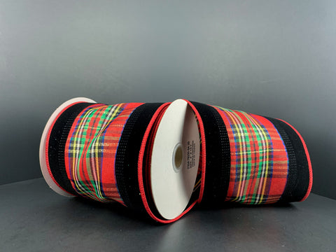 Tartan Plaid w/ Black Velvet Edge Wired Ribbon - 4"x10Yds
