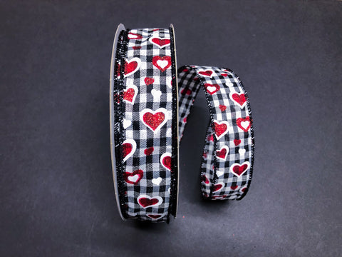 Red Glitter Heart on Buffalo Check Wired Ribbon - 1.5"x50Yds