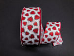 White w/ Red Glitter Hearts w/ Black & White Stripe Edge Wired Ribbon - 2.5" x 50yds