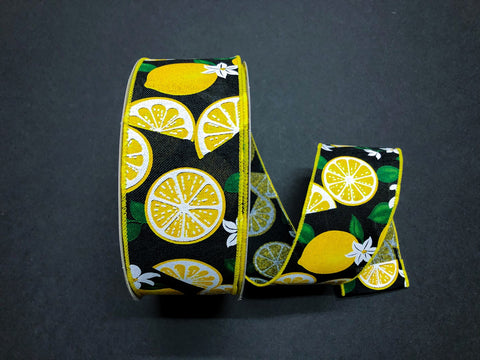 Black Linen With Lemons Wired Ribbon - 2.5" x 50yds